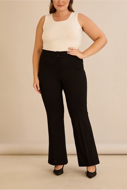 Women's Plus Size Raised Waist Double Button Spanish Leg Crepe Woven Stretchy Trousers