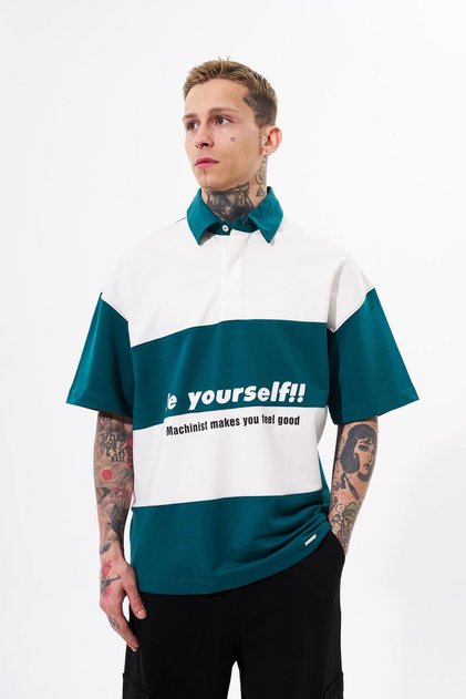 Men's Be Yourself Polo Neck Oversized T-Shirt Oil Green