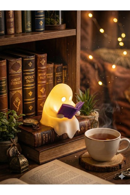 Kitap Okuyan Sevimli Hayalet Biblo / Tea light / Pilli Mum Yanında Hediye (mor)