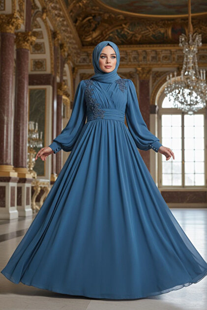 Neva Style Dantelli Mavi Tesettür Abiye Elbise 21940M - Fiyatı