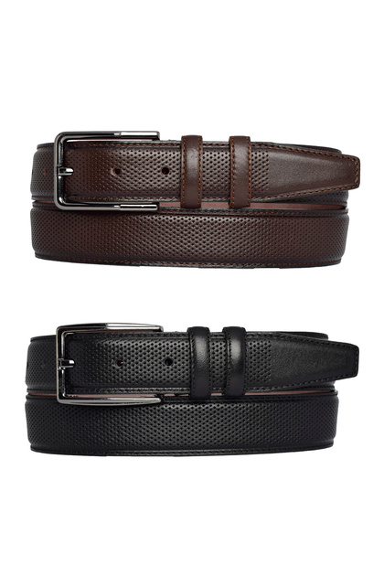 100% Genuine Leather, Set of 2 Black, Dark Brown Stitched Dot Printed Fabric PantsBelt 3.5 cm with dots