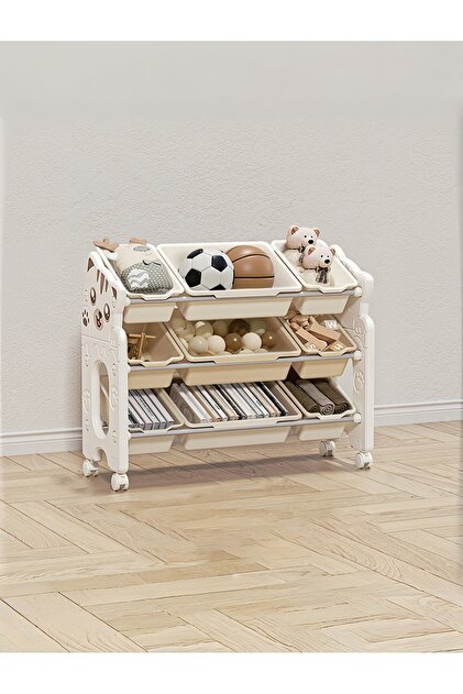 Kids Toy Storage Organizer Rack with Wheels, Movable Books & Toys Storage Cabinet with Bins
