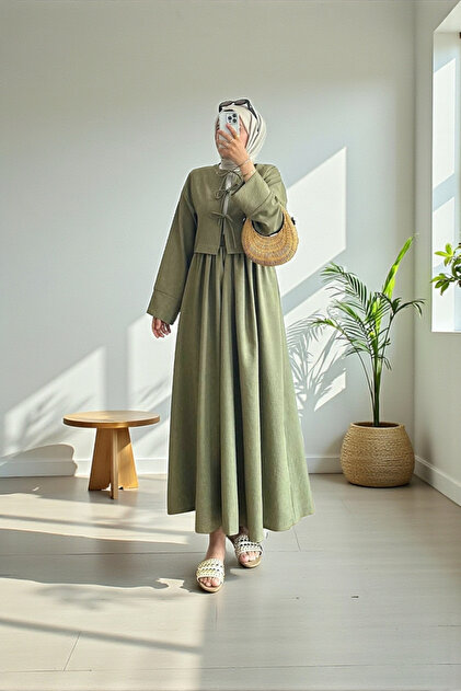 Women's Linen Blouse Skirt Set Crew Neck Tie-Detail Elastic Waist Casual Comfortable Modest Two-Piece Set