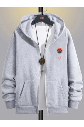 Relax family xf Erkek Gri Kışlık Kapişonlu Fermuarlı Sweatshirt