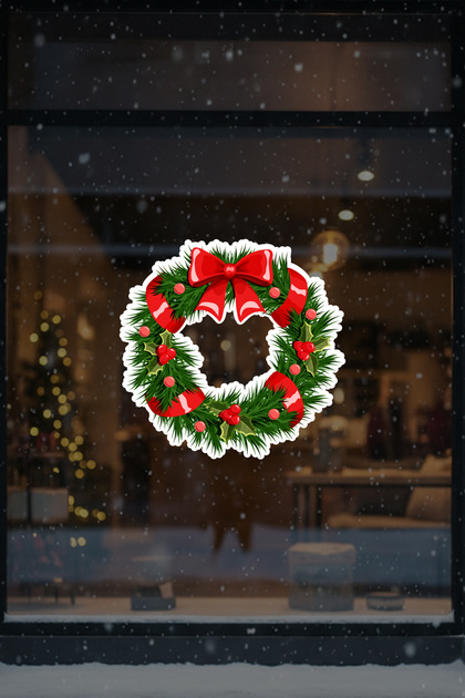 Christmas Door Wreath Sticker – New Year Decoration for Shop Window & Home Glass