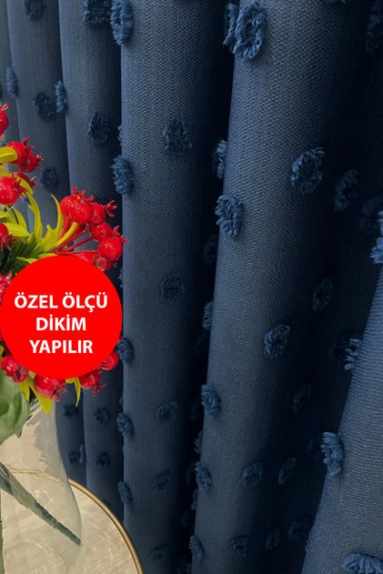 Fon Perde Lacivert Pufy Püsküllü, Ponponlu, Perde Sık Pileli Keten Pano Fon Tek Kanat