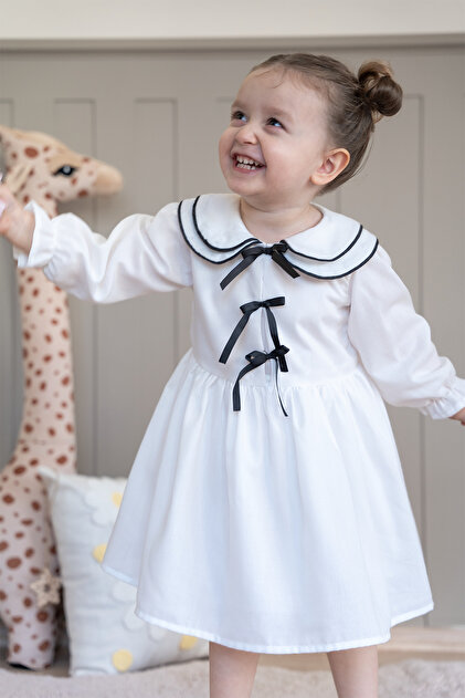 ALYRA Girl's Korean-Style Baby Collar Long Sleeve Lined Bow Detail Linen  Christmas Dress- Trendyol