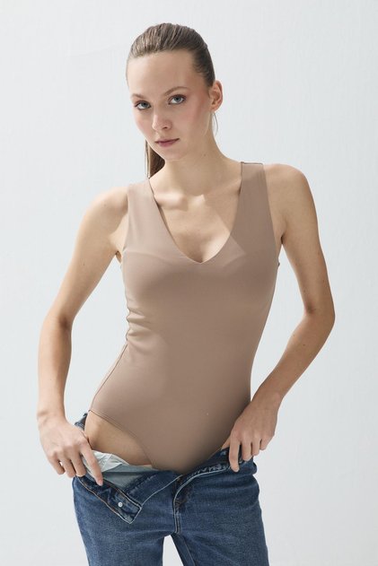Women's Mocha Color V-Neck Snap-On Bodysuit