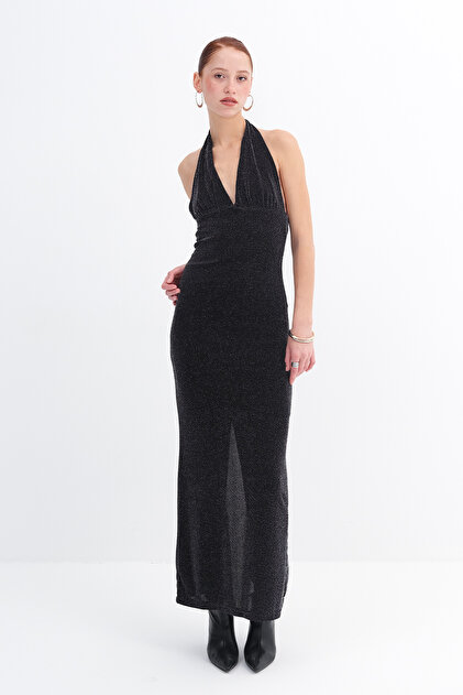 Addax Glitter Long Dress with Halter Neck E12388- Trendyol