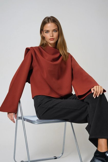 Women's Tile Crew Neck Self-Shawl Detailed Wide Cut Design Blouse Alc-X14420