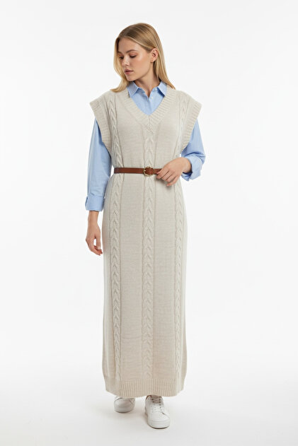 V-Neck Sleeveless Knit Patterned Midi Knitwear Dress Soft Texture & Loose Fit