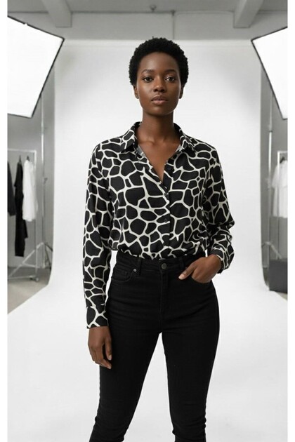 Chiffon Satin Fabric Animal Pattern Shirt Black White
