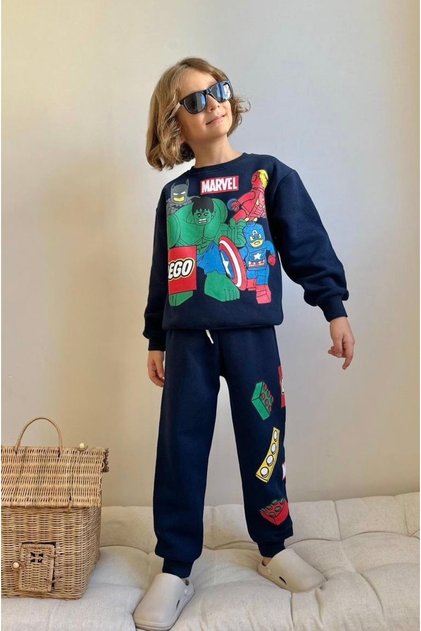 Boy's Superhero Game Leno Character Detailled Inner Fleece Dark Blue Color Bottom Top Set
