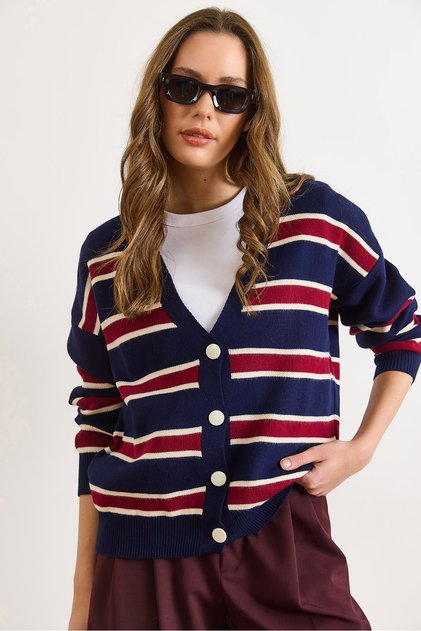 Women's Navy Blue Claret Red Striped Oversized Knitwear Cardigan Hrk-19000446