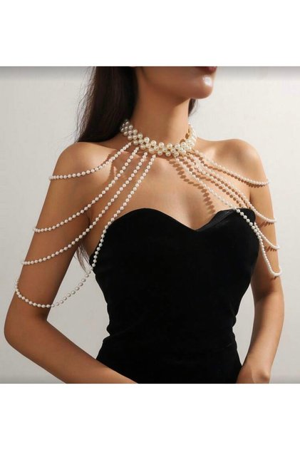 Çapraz Cam İnci Body Chain Vücut Takısı Aksesuarı Kolye