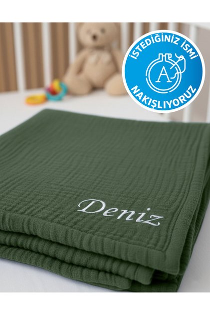 (İstediğiniz ismi yazıyoruz) %100 Pamuk 4 Kat Muslin 100x120 Cm Bebek Yatak/kundak Örtüsü Nakışlı