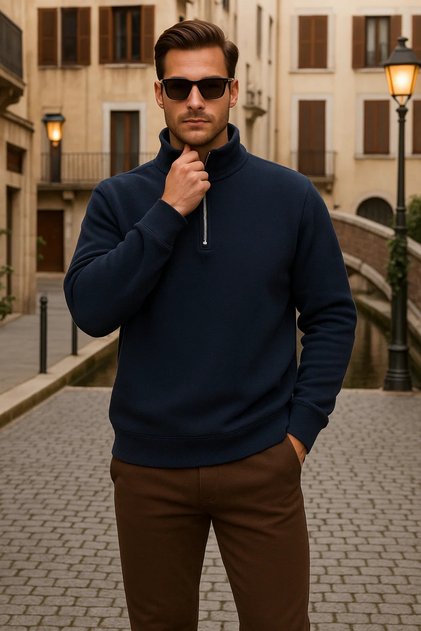 Erkek Kışlık Polo Yaka Lacivert Fermuarlı Sweatshirt