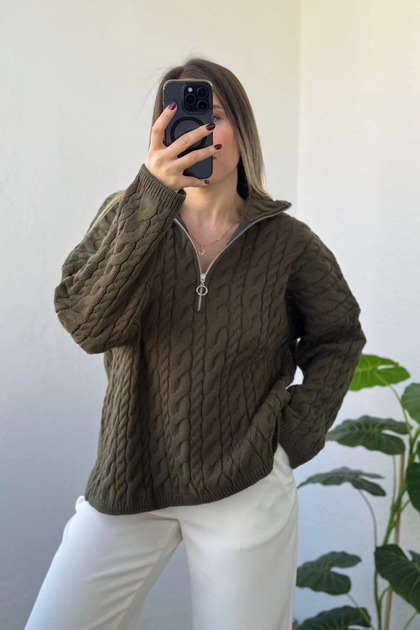 Zippered Knitted Pattern Relaxed Fit Khaki Sweater