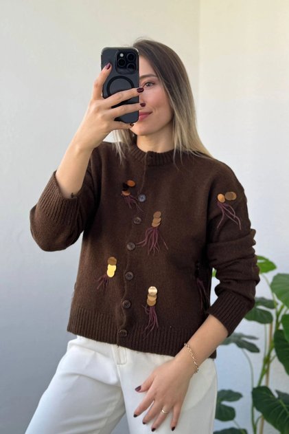 Crew Neck Sequin Pattern Brown Cardigan