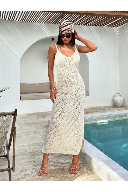 A tricotaj cu aspect dantelat Rochie lungă din tricot pentru femei Trend Alaçatı Perfectă pentru vacanța la plajă