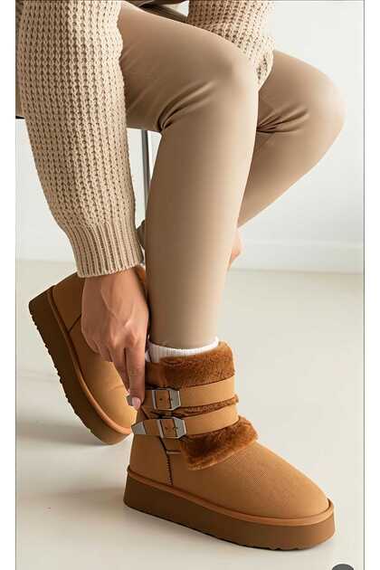 Fur Inside, Suede Belt with Buckle, Fur High-Sole Women's Boots