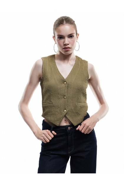 Buttoned V-Neck Slim Fit Sleeveless Vest with Flap Pockets