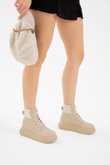 Women's Beige Leather Thick Poly Sole Rubber High-Top Lace-Up Casual Boots