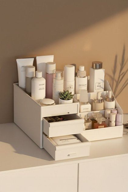 Beyaz Plastik 3 Katlı 2 Çekmeceli Masaüstü Makyaj Kozmetik Organizer