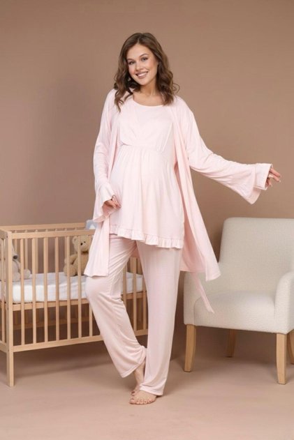 Women's Powder Spanish Sleeve Stylish Winter Design Maternity Pajamas Set 3-Piece Set