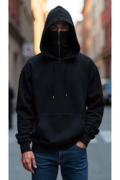 ship master Unisex Ninja Maskeli 3 İplik Oversize Kapüşonlu