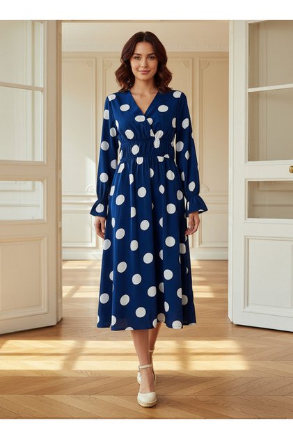 Polka Dot Print Midi Dress with Long Sleeves and Cinched Waist Detail