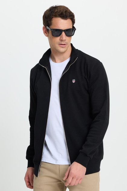 Erkek Slim Fit Dar Kesim Pamuklu Tam Fermuarlı Çift Cepli Dik Yaka Siyah Sweatshirt Hırka