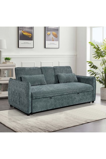 Thiero Fabric Pull-Out Sofa Bed with Drop Down Table & 2 Cup Holders - Teal, Solid Wood, 2-Seater