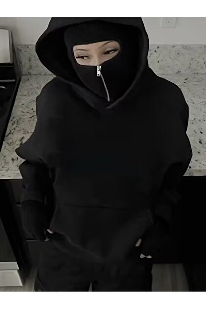 ship master Unisex Ninja Maskeli 3 İplik Oversize Kapüşonlu