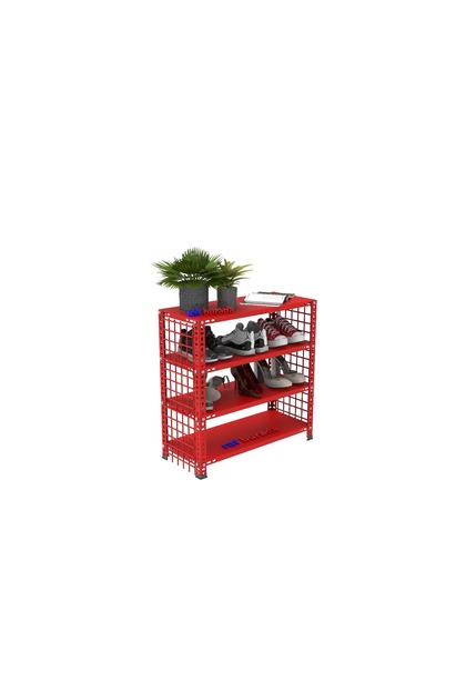 4 Katlı Renkli Tel Kafesli Çelik Ayakkabılık Rafı Kırmızı-31X75X75 cm