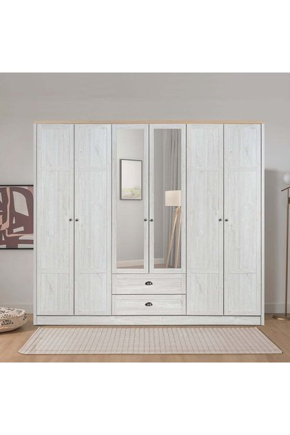 Cambridge 6 Door Wardrobe with 2 Drawers & Mirror, Oak & White Oak Engineered Wood - 238.5x55x210cm