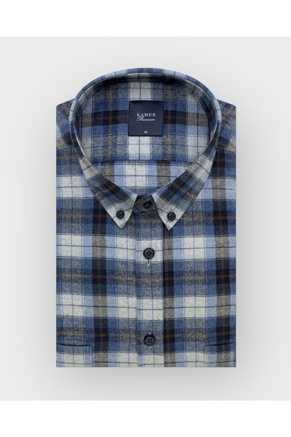 Regular Fit Winter Long Sleeve Double Pocket Buttoned Collar Plaid Blue Shirt 3880m