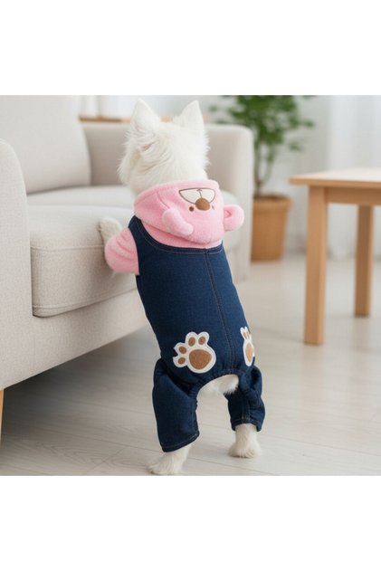Salopetă de iarnă cu glugă, material cocolino și denim, pentru animale de companie, MDL-2419