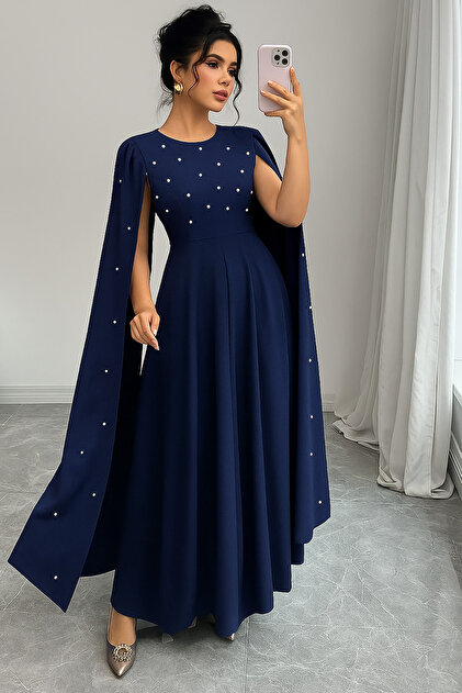 Navy Blue Cape Sleeve Pearl Detail Belted Round Neck Crepe Dress