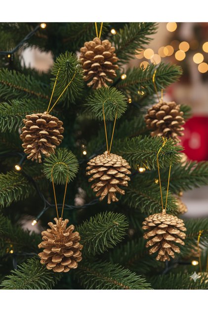 Christmas Tree Cone 4 cm Set of 6 – Varnished Gold Snowy Decorative Ornament