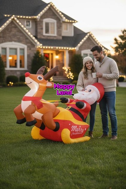 Christmas Santa Claus with Reindeer Lighted Inflatable Decoration 150cm Garden Front Door Decor Happy20251L