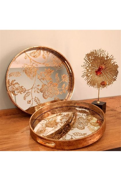 Antique Wooden Edged Mirrored Floral Patterned Double Tea Tray