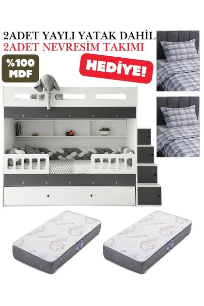 Berlin Ranza / %100 MDF / 2 Adet Bambo Yaylı Yatak / 2 Adet Nevresim Takımı Hediye
