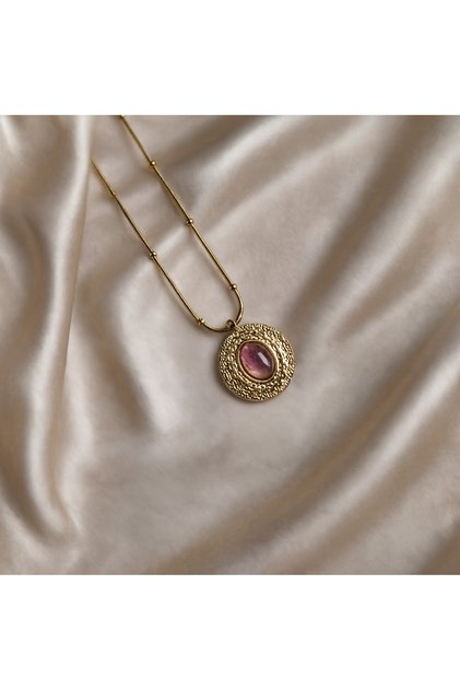 Mor-Lila Taşlı Zarif Vintage Çelik Kolye(çapı:1,5cm)