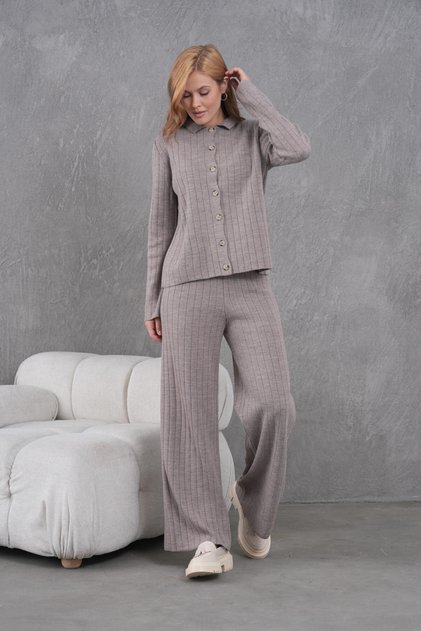 Women's Shirt Collar Button Closure Patterned Jacket Pants Two-Piece Knit Set