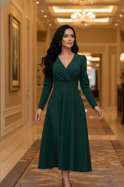 Mossta Elegant Casual & Formal Midi Emerald Green Dress- Trendyol