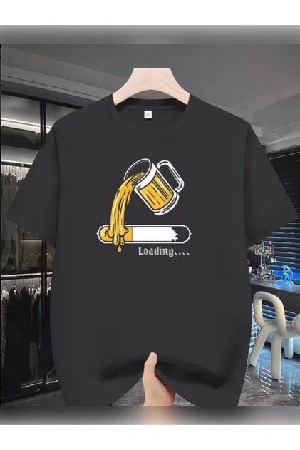 Unisex Oversized Loadi̇ng B Printed Crew Neck Short Sleeve Black T-Shirt