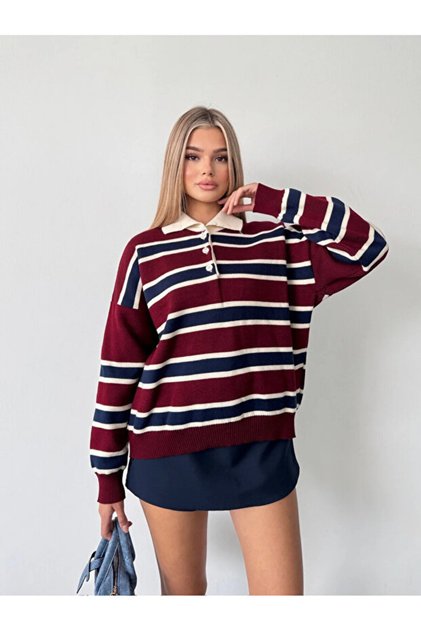 Striped Buttoned Polo Neck Women's Knit Sweater