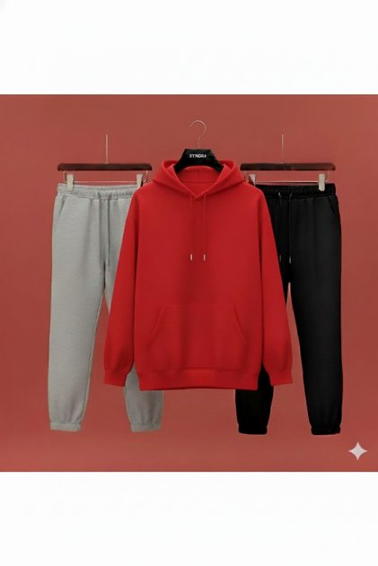 Hanorac roșu cu glugă - Trening gri și pantaloni de trening negri (Set de 3 piese)