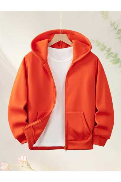 Children's Unisex Hooded Zippered Orange Cardigan